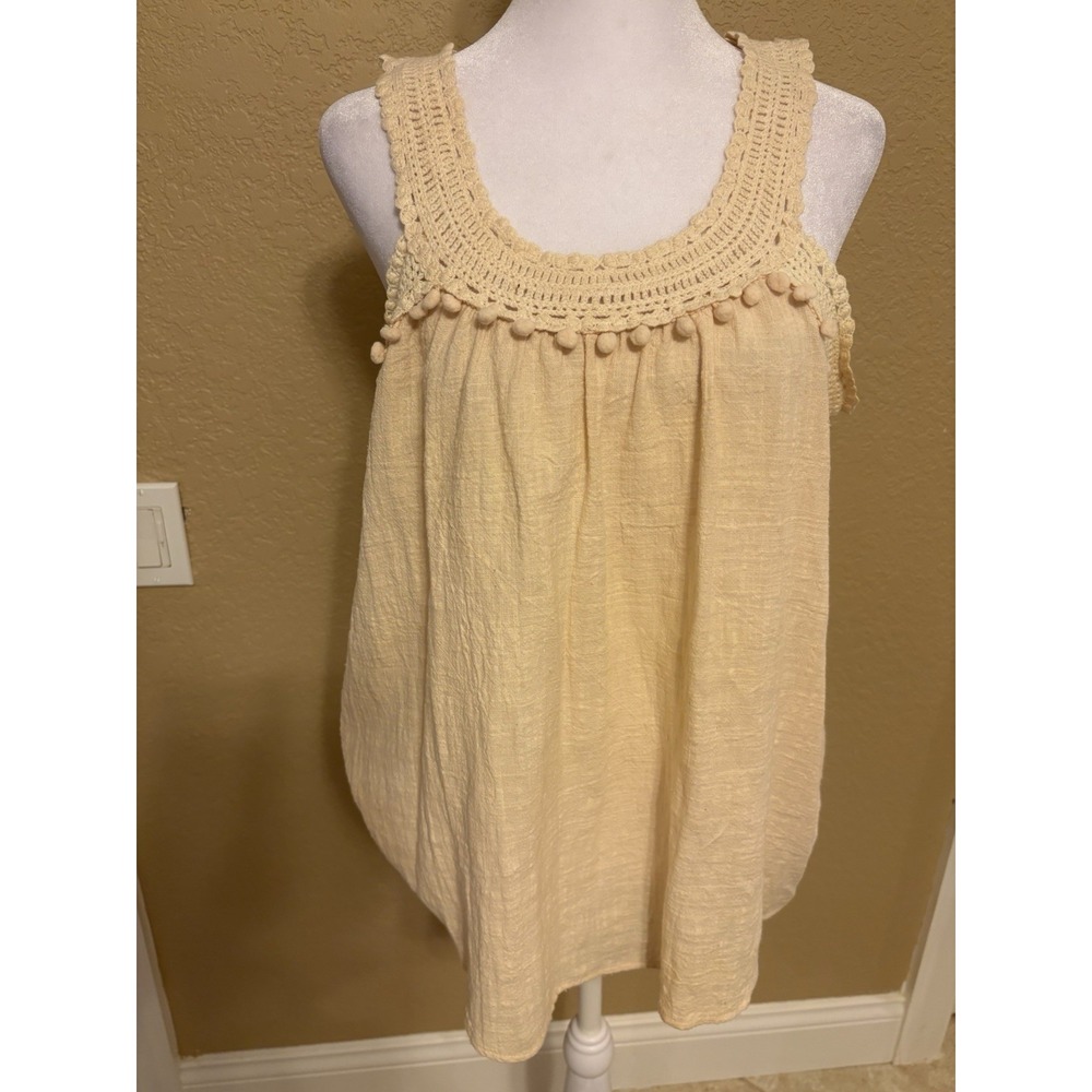 Adiva/ Anthropolige Sleeveless Top With Crochet And Pom Trim,Yellow‎ , Small,